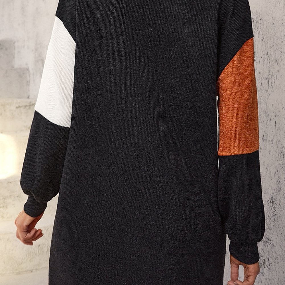 Black Color Block Drop Shoulder Rib Knit Mini Dress - Picture 2 of 5